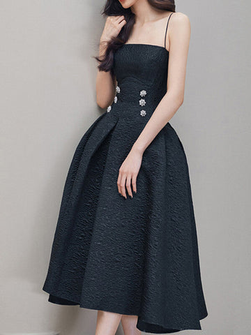Woochic mi-longue robe jacquard avec strass à fines brides élégant soirée noir